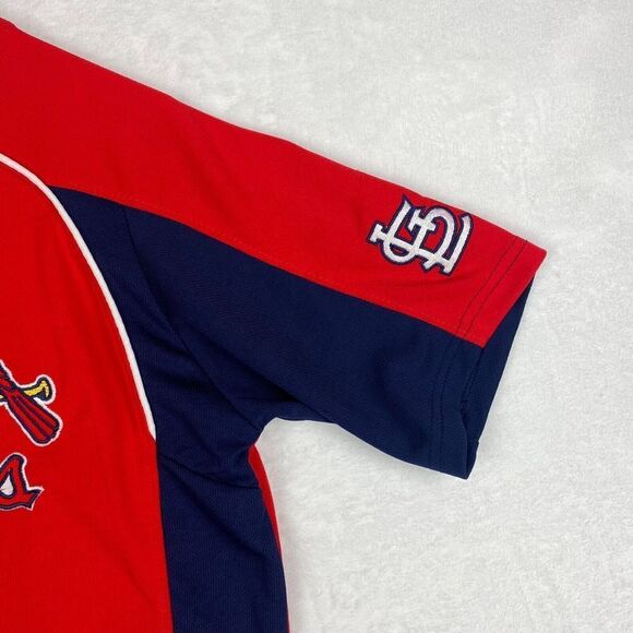 Majestic St. Louis Cardinals Shirt Mens Red Blue Short Sleeve V-neck Logo MLB - Picture 4 of 9